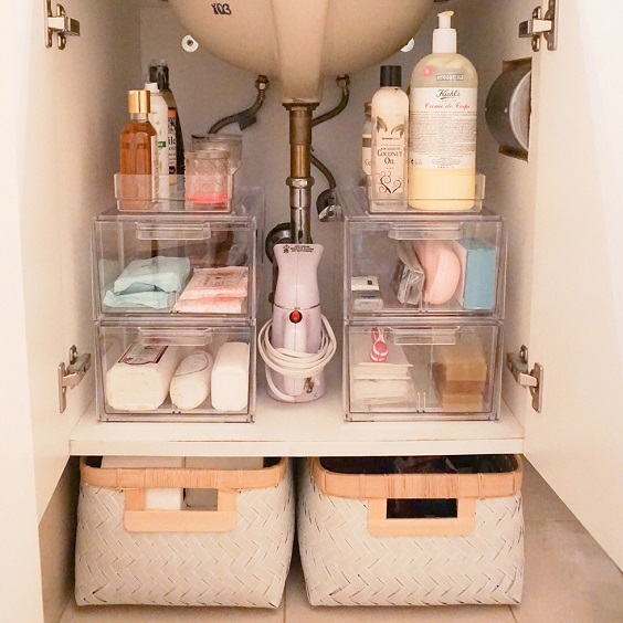 Bathroom Organization Ideas: See-Through Shelves under the Sink Bin