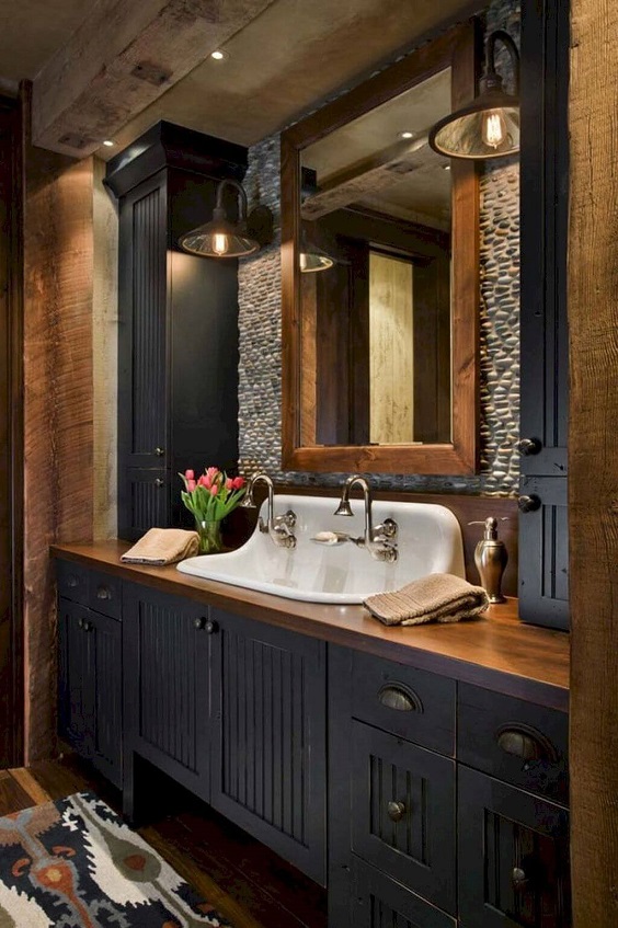 Bathroom Vanity Ideas: Dark Blue and Raw Wood Ideas
