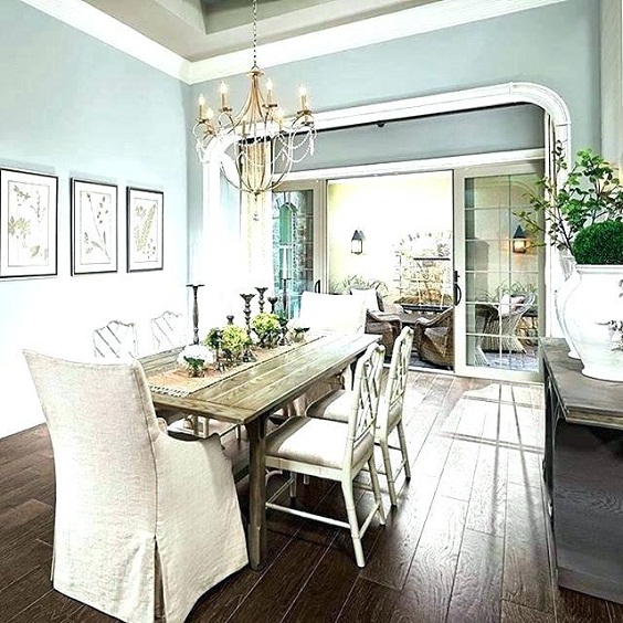 Dining Room Color Ideas: Light Blue Paint Color and Dark Wood Floor